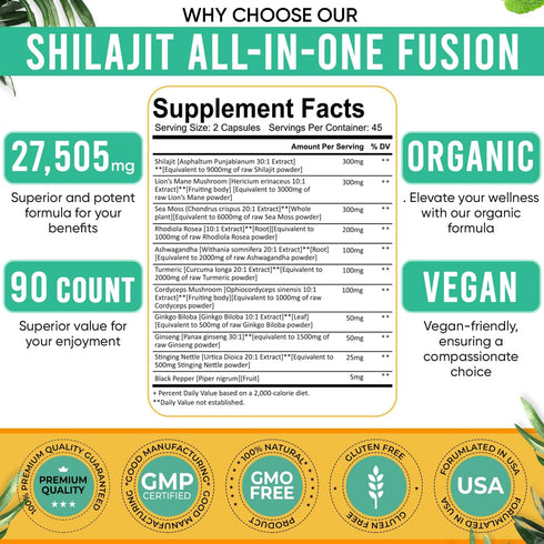Shilajit Pure Himalayan Organic. 11-in-1 Shilajit for Men. Shilajit Capsules with Sea Moss Himalayan Shilajit Ashwagandha Rhodiola Rosea Panax Gin...