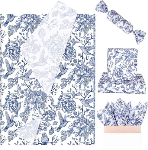 Whaline 100 Sheets Blue White Floral Tissue Paper Chinoiserie Flower Bird Gift Wrapping Paper DIY Art Craft Tissue Paper for Packaging Wedding Bir...