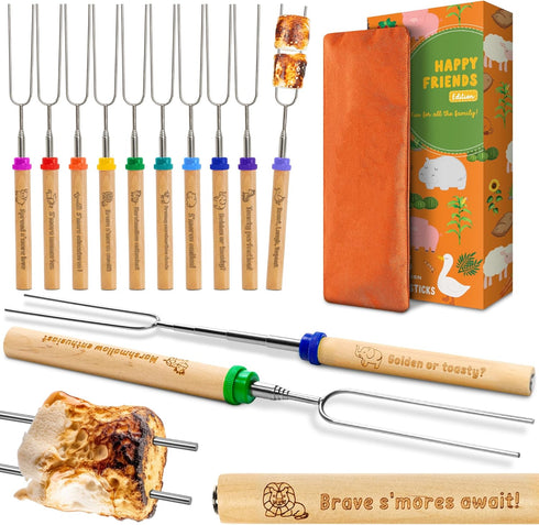 CARPATHEN Marshmallow Roasting Sticks Campfire - Set of 10pcs Smores Sticks With Beautifully Engraved Handles - Perfect as a 4h of July Gift - Tel...