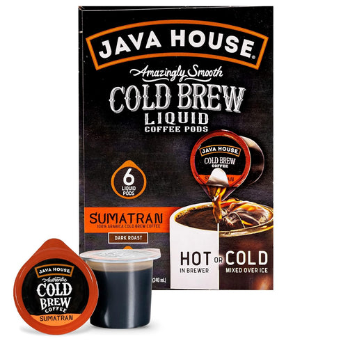 JAVA HOUSE Dark Roast Sumatran Cold Brew Pods, (6 Count) Peel and Pour Pods Hot or Iced Instant Coffee Concentrate...