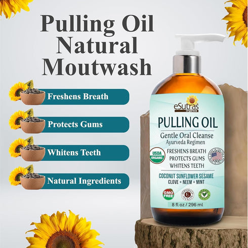 eSutras Pulling Oil Herbal Mouthwash Powerful Coconut Sesame Sunflower Oils + Essential Oils, Mint Clove Whitens Teeth Refreshes Breath Strengthen...
