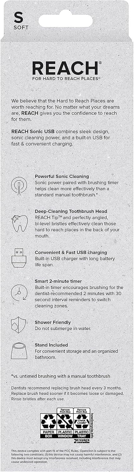 Reach Sonic USB Electric Toothbrush, Soft, Includes Toothbrush Handle, Brush Head, Toothbrush Cap, Travel Case and Toothbrush Stand...