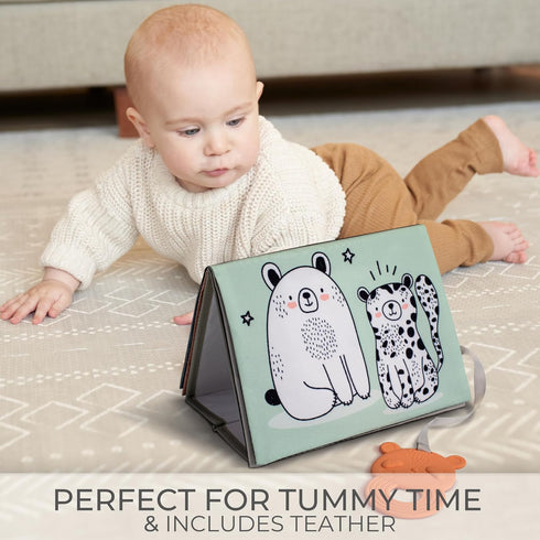 Soft Tummy Time Book w/ Large Stimulating Baby Safe Mirror - Fun High Contrast Montessori Toy w/ Mirror, Crinkle Filling & Silicone Teether - The ...