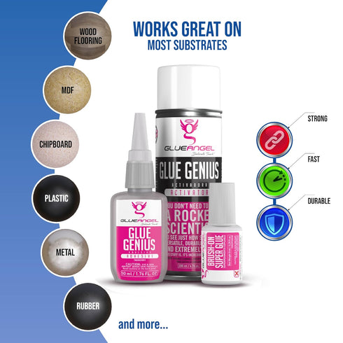 Glue Genius Clear CA Glue with Activator Spray and Super Glue with Brush for Crafts, Instant Repair. Adhesive and Spray Accelerator for Wood, Cera...