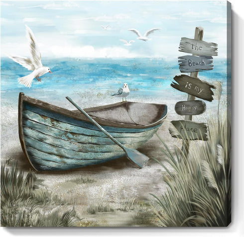 Bathroom Wall Art Coastal Décor Nautical Boat on Beach Canvas Picture Ocean Seagull Seascape Canvas Print Sea Bird Farmhouse Artwork for Seashore ...