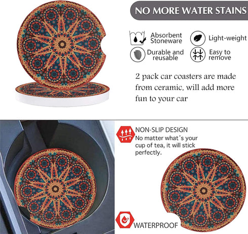 3 Pack Boho Steering Wheel Cover with Car Cup Holder Coasters Universal Baja Hippie Bohemian Style Steering Wheel Covers Cute Car Steering Wheel C...