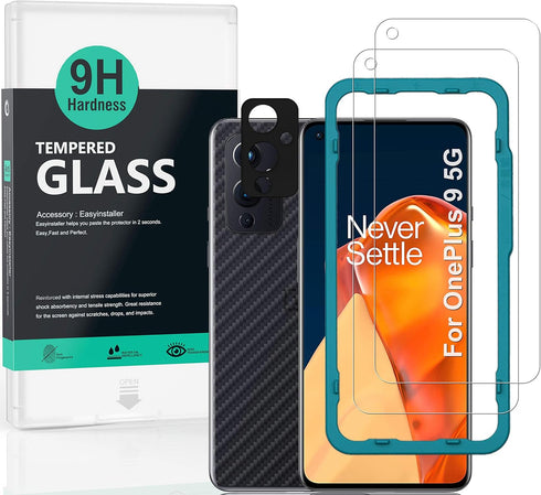 Ibywind Screen Protector For OnePlus 9 5G,with 2Pcs Tempered Glass,1Pc Camera Lens Protector,1Pc Backing Carbon Fiber Film [Fingerprint Reader,Eas...