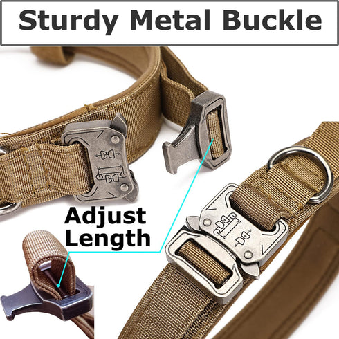 Dog Tactical Collar Military Dog Training Collar Control Handle and Heavy Metal Buckle for Medimum Large Dog Training Behavior Aids Brown L...