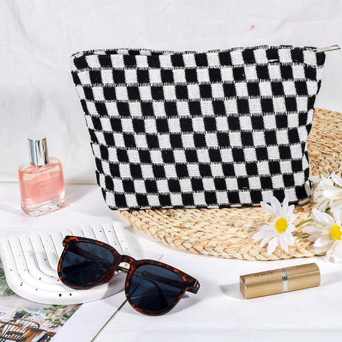 Checkered Makeup Bag for Women Large Capacity Black Travel Cosmetic Bag Set Makeup Pouch for Purse Zipper Toiletry Organizer Cute Y2K Aesthetic Tr...