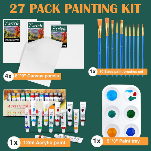 Acrylic Painting Set with 1 Packs / 10 PCS Nylon Hair Brushes 12 Color Tubes (12ml, 0.4 oz) 1 PCS Paint Plate and 4 PCS Canvas for Acrylic Paintin...