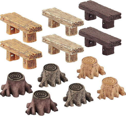 12 Pieces Miniature Garden Ornaments, Includes 6 Pieces Retro Wooden Style Benches, 6 Pieces Artificial Mini Root Stump for Moss Terrariums Landsc...