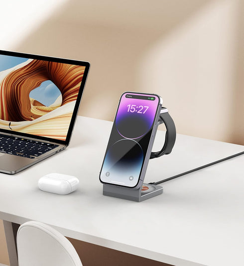 Aluminum Alloy Magnetic Wireless 3 in 1 Charging Station, Fast Wireless Charging Station Compatible with MagSafe Charger Stand for iPhone 14 13 12...