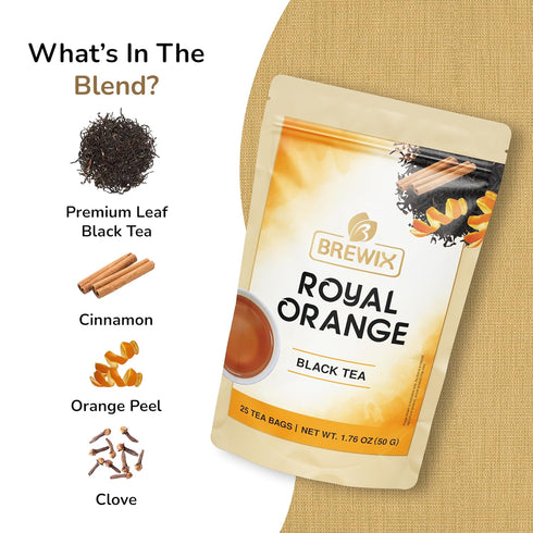 BREWIX, Royal Orange Spice Black Tea (25 Pyramid Tea Bags) | Black Tea with Orange and Spices | Premium Black Tea with Orange | Iced Tea Bags | Ca...