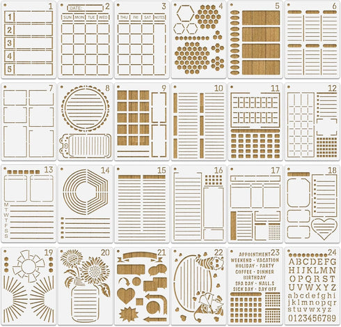 24 Pcs Assorted Drawing Journaling Stencils Set,Mixed Shapes Scale Painting Templates for DIY Albums Schedule Wall Art Decor,Reusable Plastic Pain...