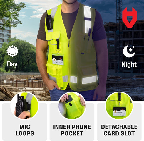 NoCry Premium Reflective Safety Vest for Men with Heavy Duty Stitching & Phone Pocket — ANSI Class 2 Safety Vest with Pockets — Ideal Neon Constru...