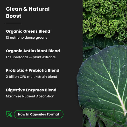 Organic Super Greens Capsules - 40+ Superfoods & Greens Supplements Capsules - Alfalfa, Spirulina, Chlorella & More - Antioxidant, Digestive Enzym...