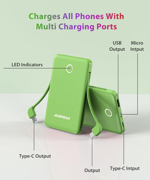 Alongza 6000mAh Small Portable Phone Charger with Built in Cable Lightweight Power Bank USB C Fast Charging External Battery Pack Slim Backup Char...