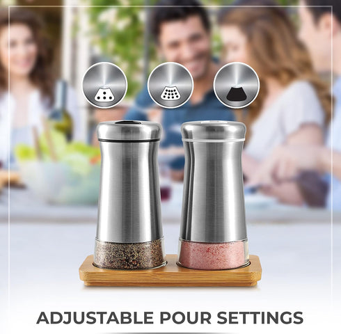 Salt and Pepper Shakers set with Adjustable Pour Holes - Elegant Stainless Steel Spice Dispenser - Perfect for Himalayan, Table Salt, White and Bl...