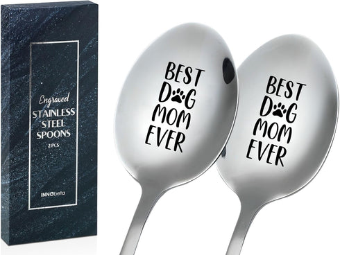 INNObeta Dog Lover Gifts, 2 Pcs Engraved Ice Cream Spoons, Stainless Steel Coffee Spoon, Best Dog Mom Ever...