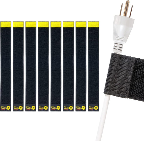 Selfie Straps by Wrap-It Storage, 12-inch (8-Pack), Black - Stretchy Hook and Loop Cord Organizer that Stays Attached to Cord for Electrical Cable...