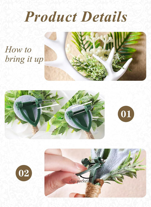 Woodland Boutonniere for Men Set - 2PC Handmade Greenary Corsage for Wedding White Antler Boutonniere for Groom Groomsmen Formal Dinner Party Cere...