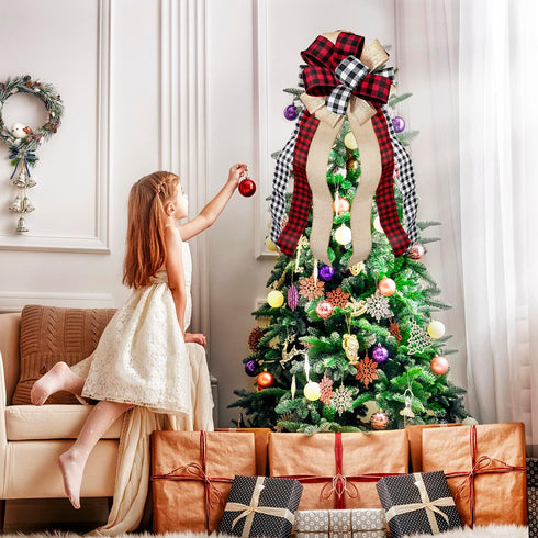 Christmas Tree Topper Large Buffalo Plaid Burlap Red and Black Gift Bow for Xmas Tree Handmade Holiday Party Decorations-13 x 29 Inch...