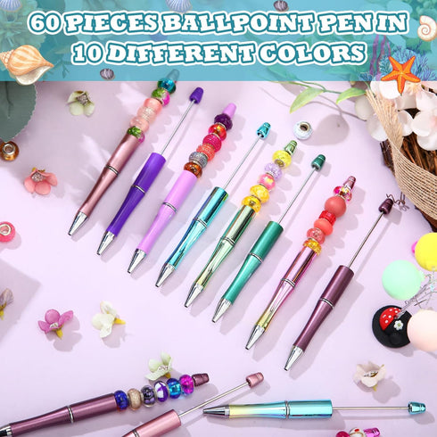 60 Pieces Plastic Beadable Pen Bead Ballpoint Pen Black Ink Beaded Pens for Kids Students Presents Office School Supplies (Mermaid Colors, Classic...