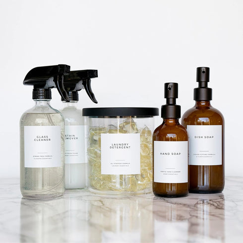 Clean-Modern White Bathroom Labels, Laundry Labels & Cleaning Labels by Paper & Pear - Waterproof Labels for Bottles - 2.6” Square Bathroom Labels...