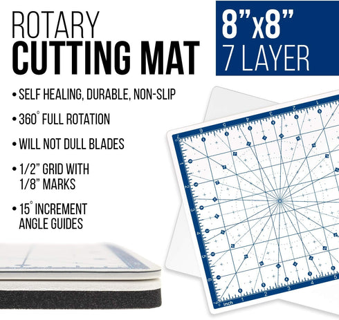 U.S. Art Supply 8" x 8" Rotary WHITE/BLUE High Contrast Professional Self Healing 7-Layer Durable Non-Slip Cutting Mat Great for Scrapbooking, Qui...