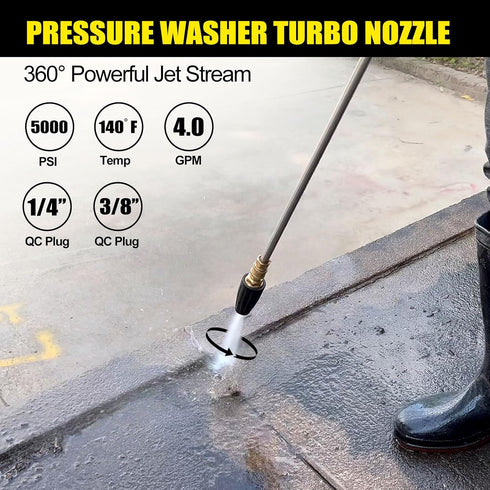Pressure Washer Tips Turbo Nozzle, 4000PSI Max.5000PSI 360° Rotating Spray Pressure Washer Turbo Tips with 1/4” 3/8” Quick Connect for Garden Car ...