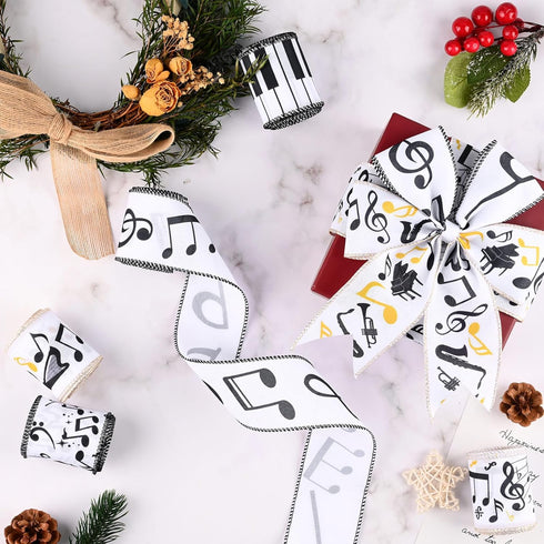5 Rolls 25 Yards Music Note Wired Ribbon Fabric Ribbons Music Decorative Ribbon for Christmas Tree Decor Winter Holiday Garland Wrapping Bow Wreat...