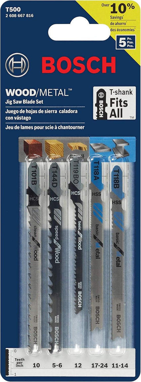 BOSCH T500 5-Piece T-Shank Jig Saw Blade Set for Wood and Metal...