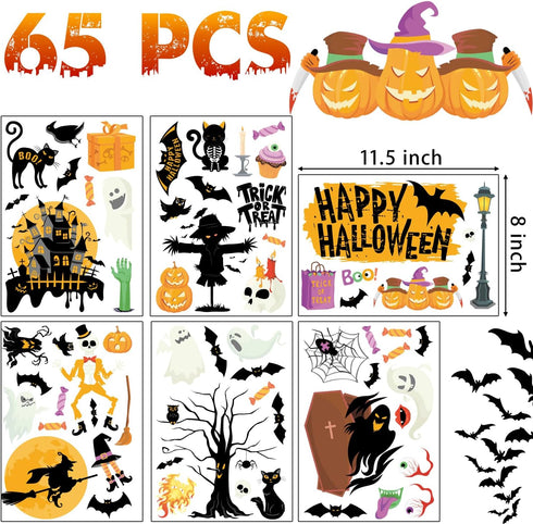 Halloween Window Clings, 6 Sheets Halloween Crows Bats Spiders Ghost Window Stickers Decorations for Glass Windows, Double-Side Removable Decals f...