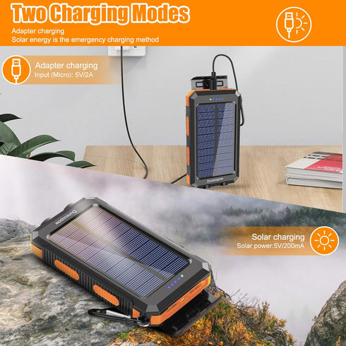 Solar Charger, 20000mAh Portable Outdoor Waterproof Solar Power Bank, Camping External Backup Battery Pack Dual 5V USB Ports Output, 2 Led Light F...