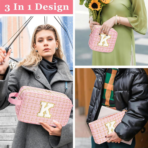 Initial Makeup Bag 3 Pieces Cute Make up Pouch Set -Pink Portable Makeup Brush Bag Travel Cosmetic Bag Multifunction Organizer Bag Monogram Person...