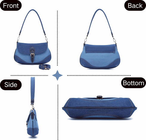 Denim Handbag for Women -Girl's Shoulder Bag Elegant Blue Jean CanvasTote Cute Small Chic Clutch with Secure Buckle Closure-2 Straps (Fixed and Ad...