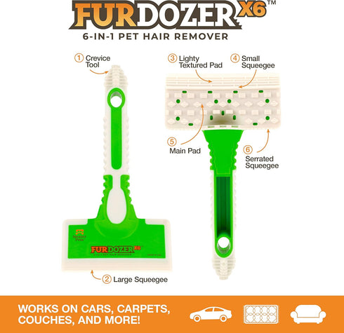 FurDozer X6 Pet Hair Remover & Auto Detailing Tool - Cat & Dog Hair Remover for Carpets, Car Interiors, Couches, Bedding, & Pet Furniture - Reusab...