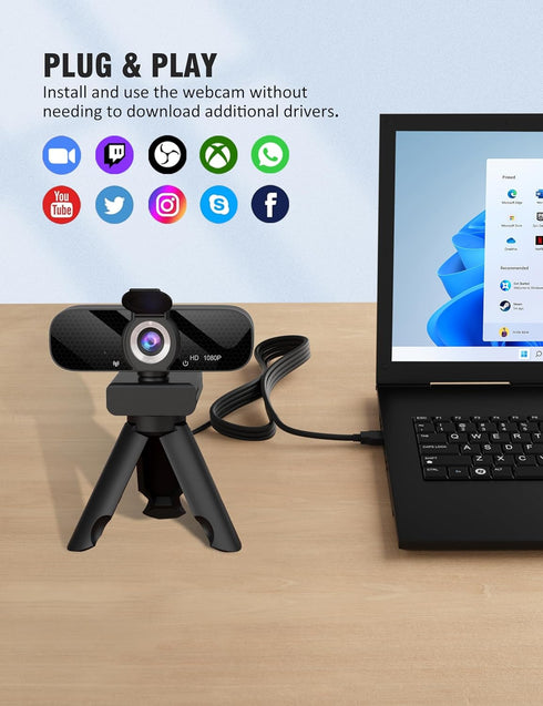 Full HD Webcam with Built-in Microphone and Rotatable Tripod, 1080P Video and Wide Angle Camera, Privacy Cover, for Desktop PC or Laptop Computer...