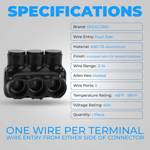 OHLECTRIC Black insulated Connector - Dual Side Entry - 3 Port - 2-14" Wire Range - Slotted Hex Screw - Pre-Filled with Oxide Inhibitor - Rubber V...