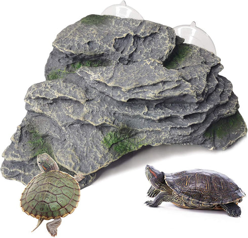 PINVNBY Turtle Basking Platform, Reptile Climbing Shale Resin Ledge Stone, Aquarium Ornament Rock Landscaping Decoration with Suction Cups for Fro...