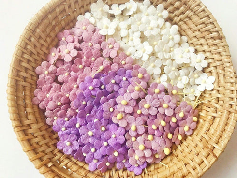 PLflower Set of 50 Tiny Flower Mixed Tone Purple Embellishment with Thread stem Mulberry Paper Flower Size 0.30" Very Small Purple1 Craft Handmade...