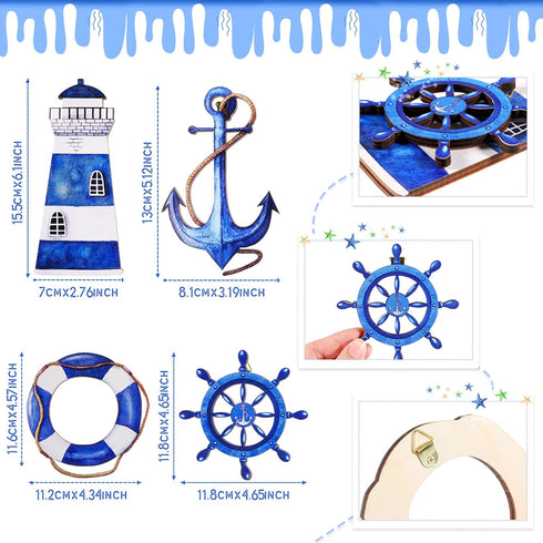 Yookeer 4 Pcs Beach Coastal Wall Decor Ocean nautical Bathroom Decor Wood Lighthouse Ship Wheel Anchor Wall Art Signs for Beach Party Room Bathroo...