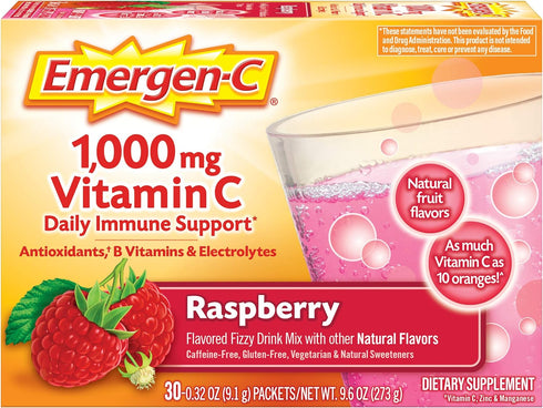 Emergen-C (30 Count, Raspberry Flavor, 1 Month Supply) Dietary Supplement Fizzy Drink Mix with 1000mg Vitamin C, 0.32 Ounce Packets, Caffeine Free...