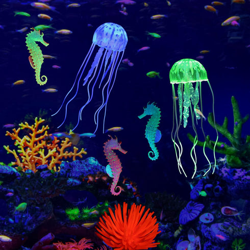 Lpraer 6 Pieces Glow Aquarium Ornaments Artificial Glow Floating Jellyfish Seahorse Anemones Silicone Simulation Fish Tank Decorations for Fish Ta...