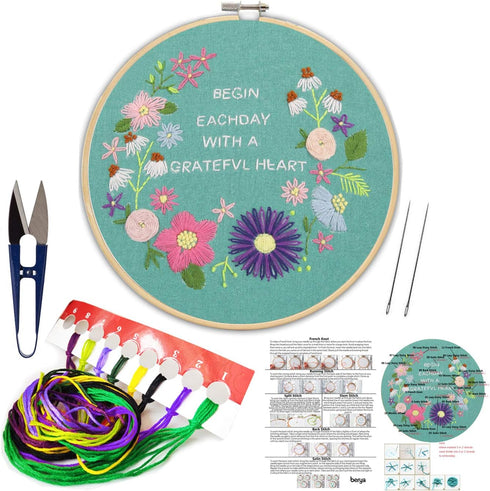 BERYA Handmade Embroidery Starter Kit Set with Pattern Including Embroidery Cloth,Bamboo Embroidery Hoop, Color Threads, and Other Tools Kit for B...