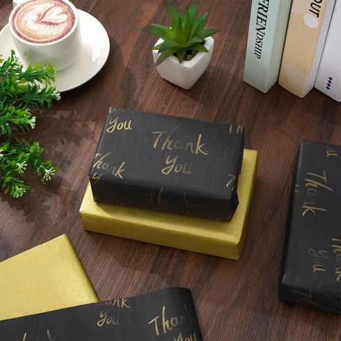 Whaline 100 Sheets Black Gold Tissue Paper Gold Thank You Gift Wrapping Paper Metallic Decorative Art Paper for DIY Crafts Birthday Baby Shower Pa...