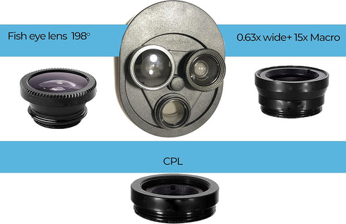Mobile Phone Lens,3 in 1 with Clip On 198 Degree Fish Eye Lens +0.63X Wide Angle+15X Macro Lens, with CPL, Mobile Phone HD Camera Lens Kit for, Sm...