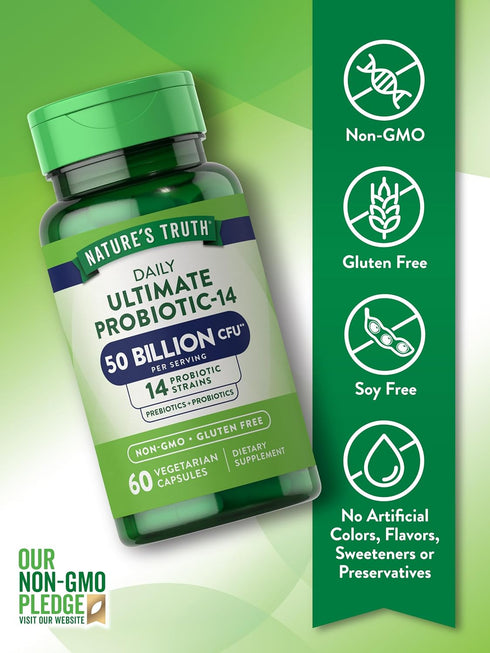 Nature's Truth Probiotic 50 Billion CFU | 200mg Prebiotics | 60 Capsules | Vegetarian, Non GMO & Gluten Free Supplement for Men and Women | Suppor...