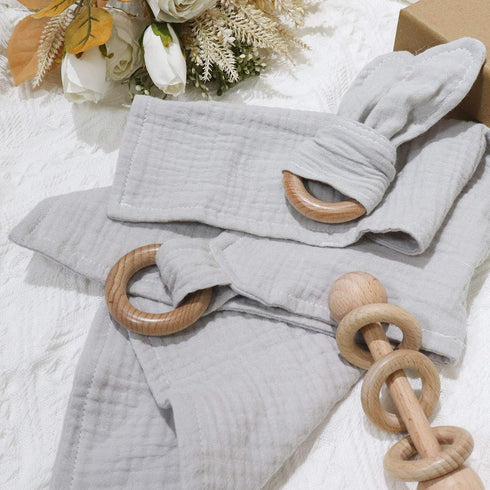 Baby Lovey, Wood Rattle, Teether Ring, 3 Pack Montessori Gift, Gray, Cotton, Double Gauze, Baby Shower, Gender Neutral Gift...