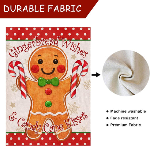 Christmas Gingerbread Wishes and Candy Cane Kisses Decorative Burlap Garden Flag, Xmas Home Yard Small Outdoor Decor, Winter Outside Decoration Do...